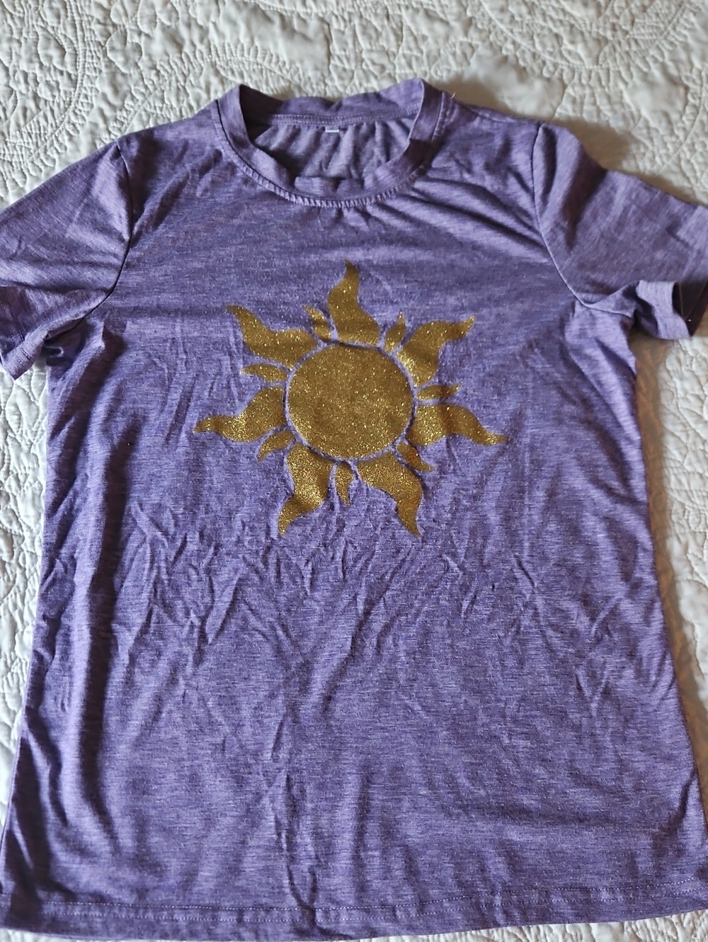 Womens Rapunzel Purple Sun Graphic Tee with Gold Glitter